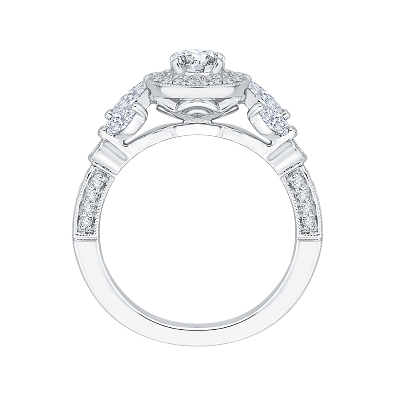 Round Diamond Double Halo Floral Engagement Ring in 14K White Gold
