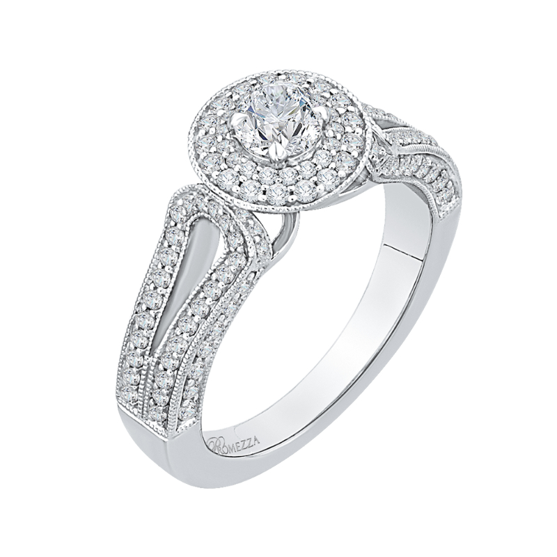 Split Shank Round Diamond Double Halo Engagement Ring in 14K White Gold