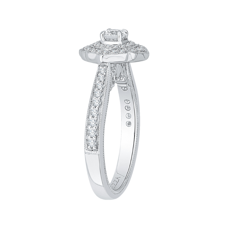 Round Diamond Double Halo Floral Engagement Ring in 14K White Gold
