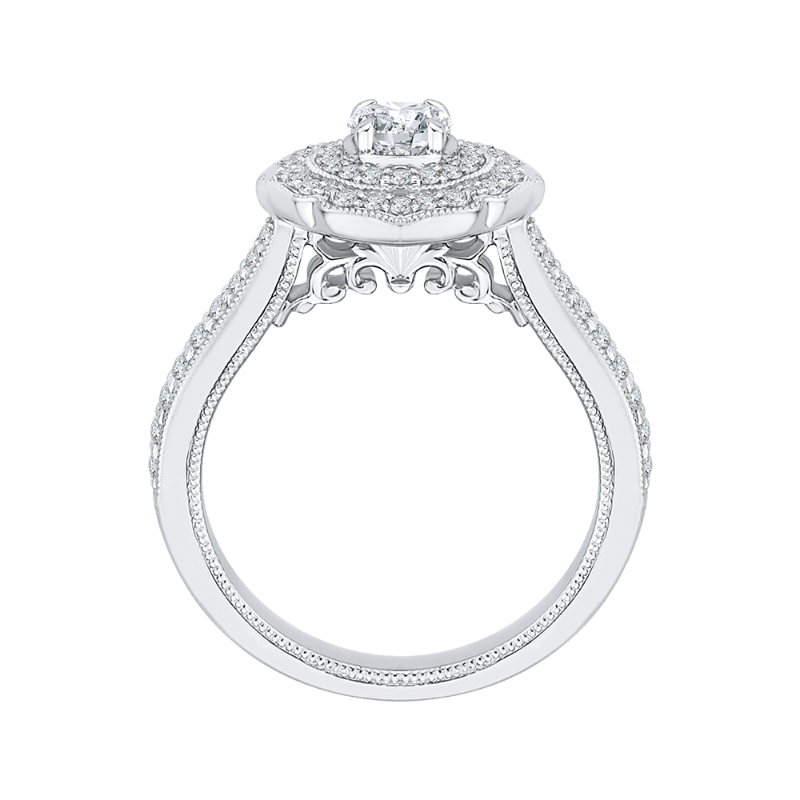 Round Diamond Double Halo Floral Engagement Ring in 14K White Gold