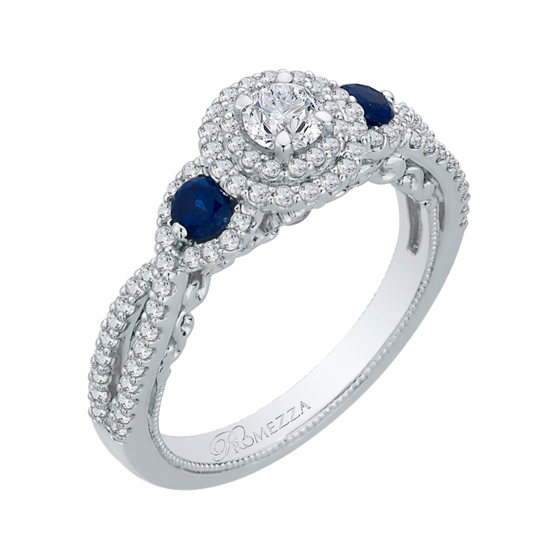Diamond And Sapphire Three-Stone Halo Engagement Ring in 14K White Gold