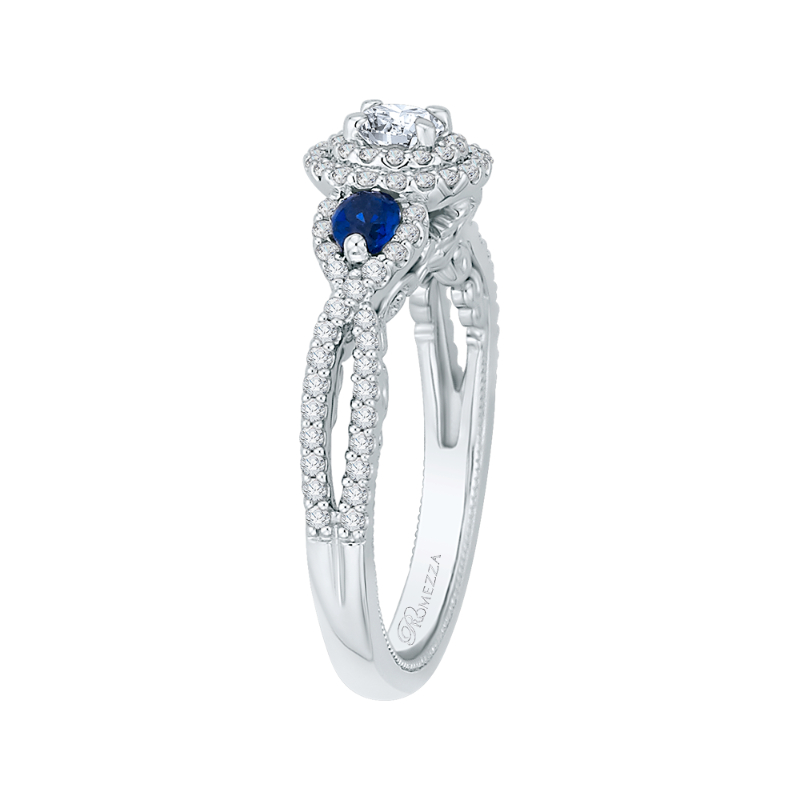 Diamond And Sapphire Three-Stone Halo Engagement Ring in 14K White Gold