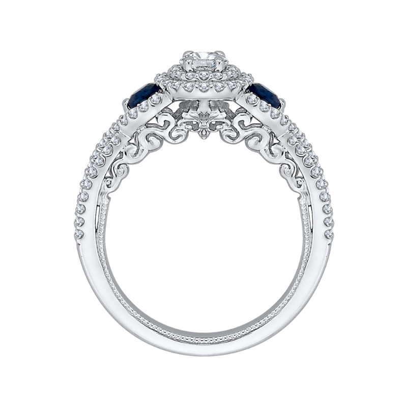 Diamond And Sapphire Three-Stone Halo Engagement Ring in 14K White Gold