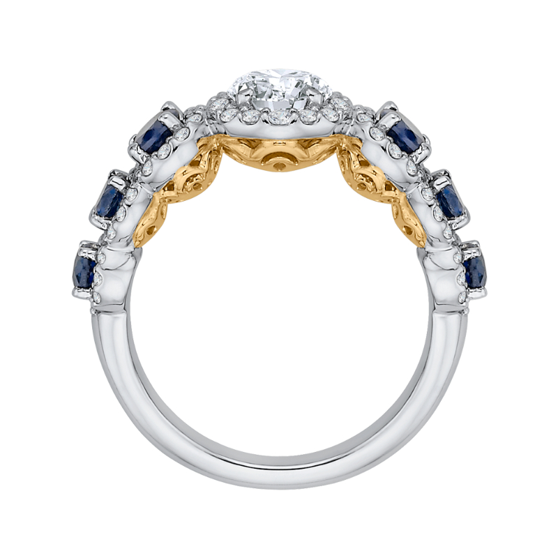Round Diamond Halo Engagement Ring With Sapphire in 14K Two Tone Gold