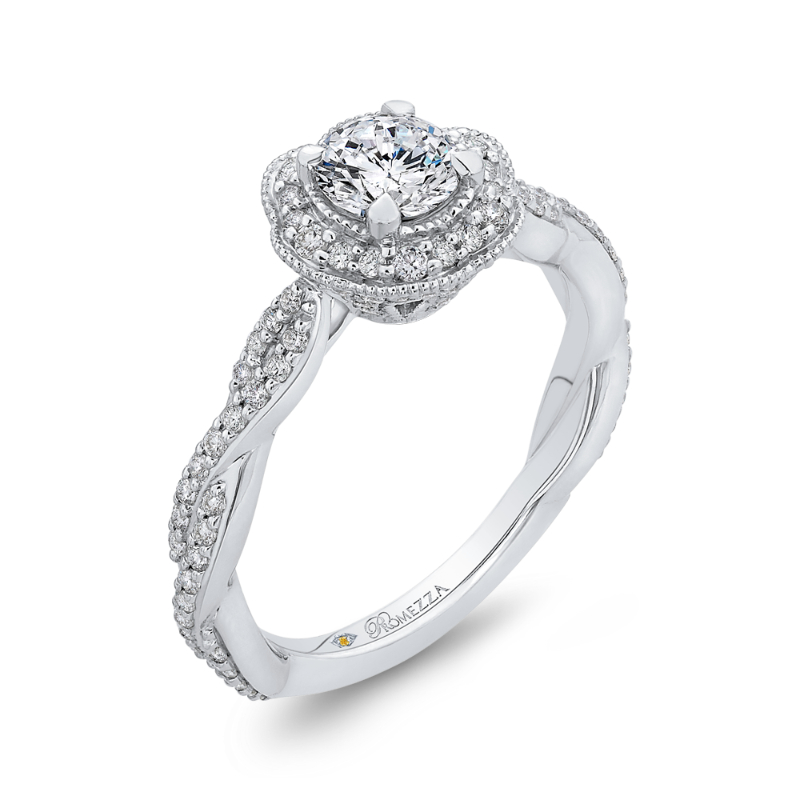 Round Diamond Floral Halo Engagement Ring in 14K White Gold