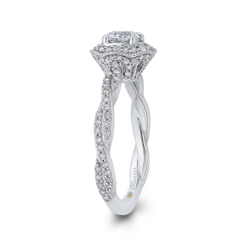 Round Diamond Floral Halo Engagement Ring in 14K White Gold