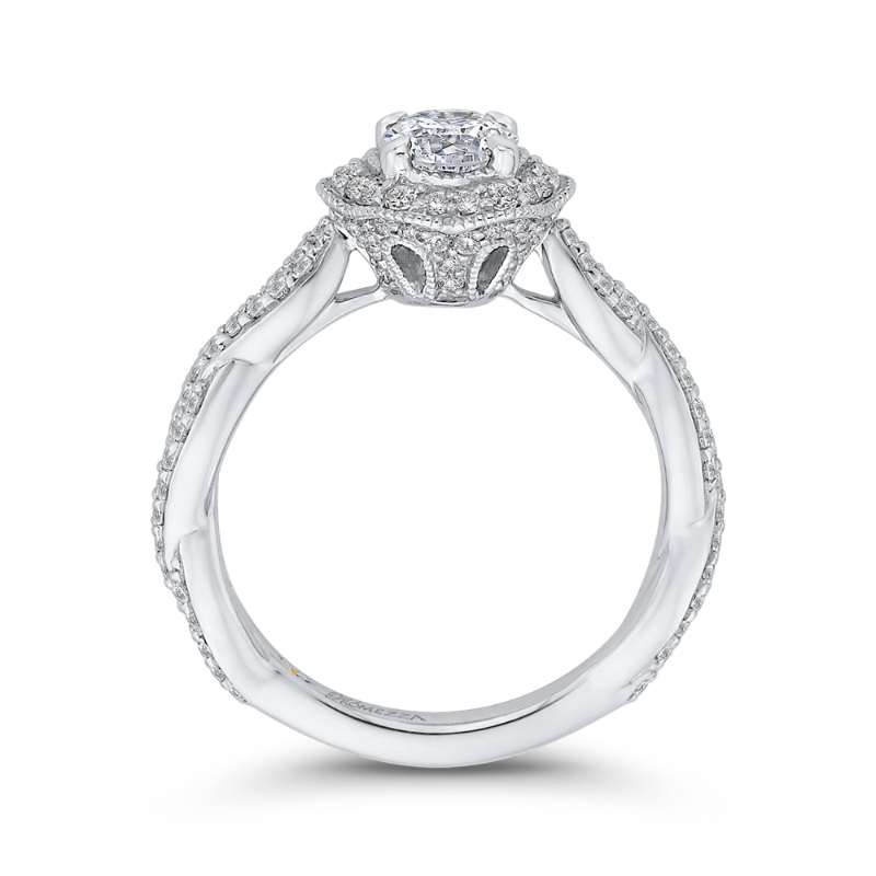 Round Diamond Floral Halo Engagement Ring in 14K White Gold