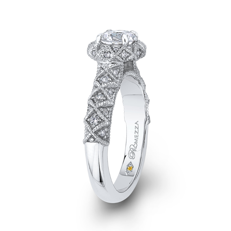 Round Diamond Floral Halo Engagement Ring in 14K White Gold