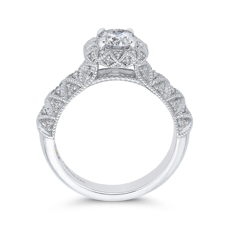 Round Diamond Floral Halo Engagement Ring in 14K White Gold