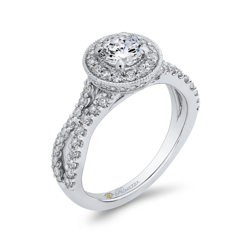 Split Shank Round Diamond Halo Engagement Ring in 14K White Gold
