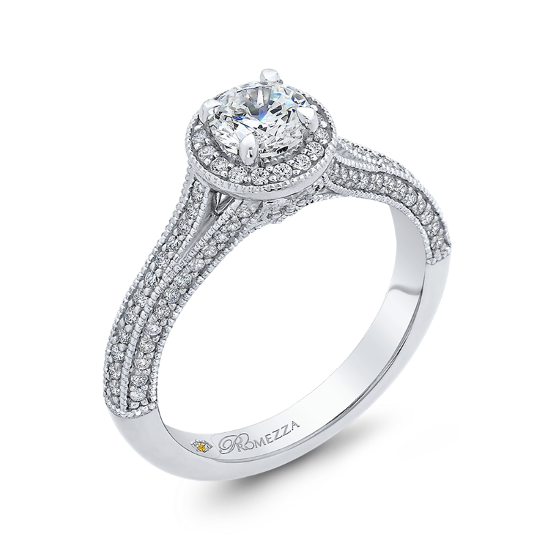 Split Shank Round Diamond Halo Engagement Ring in 14K White Gold