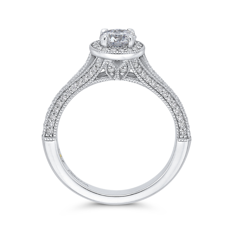 Split Shank Round Diamond Halo Engagement Ring in 14K White Gold