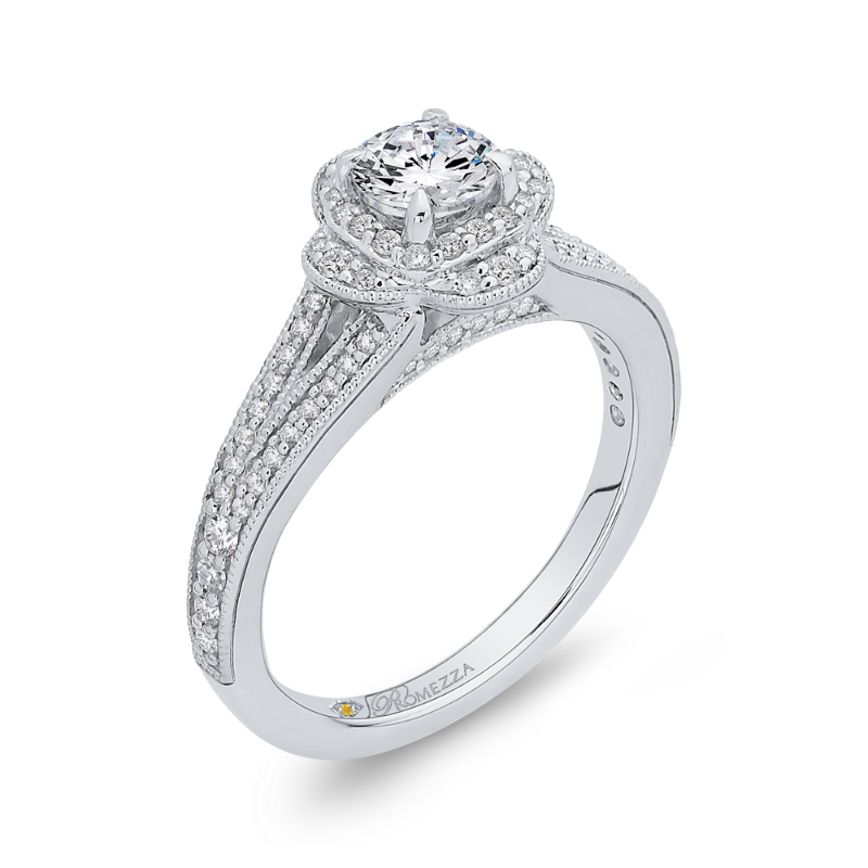 Split Shank Round Diamond Halo Engagement Ring in 14K White Gold