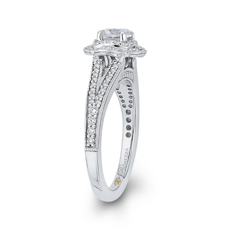 Split Shank Round Diamond Halo Engagement Ring in 14K White Gold