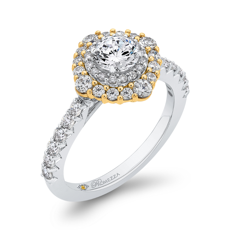 Round Diamond Double Halo Engagement Ring in 14K Two Tone Gold