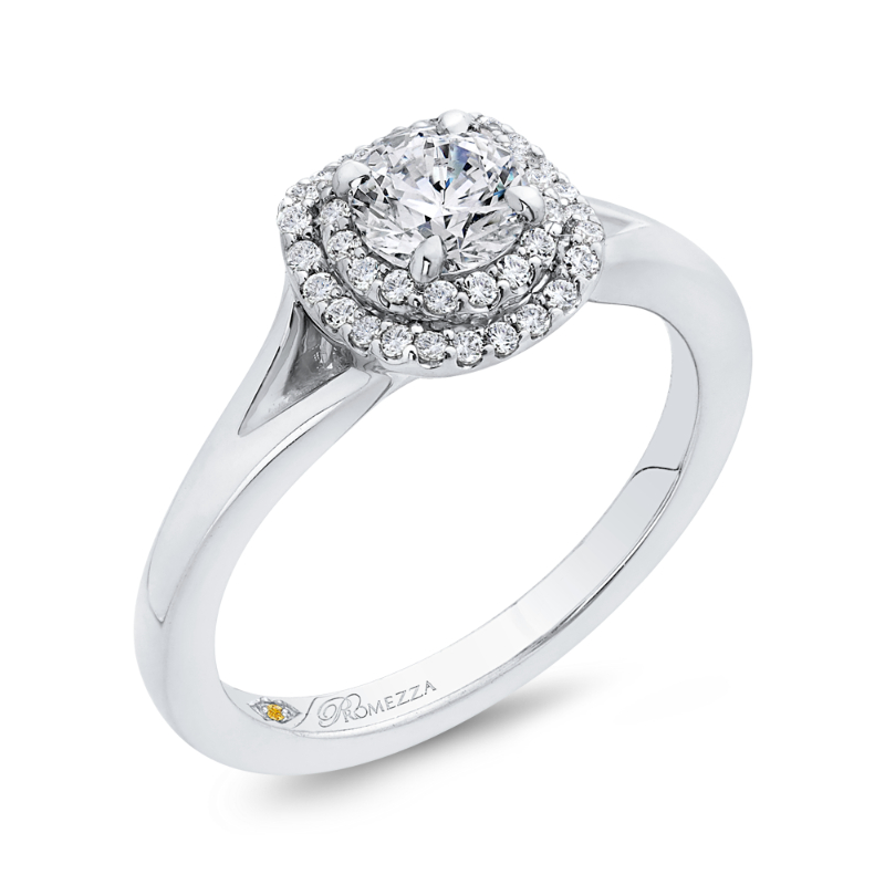 Round Diamond Double Halo with Spit Shank Engagement Ring in 14K White Gold