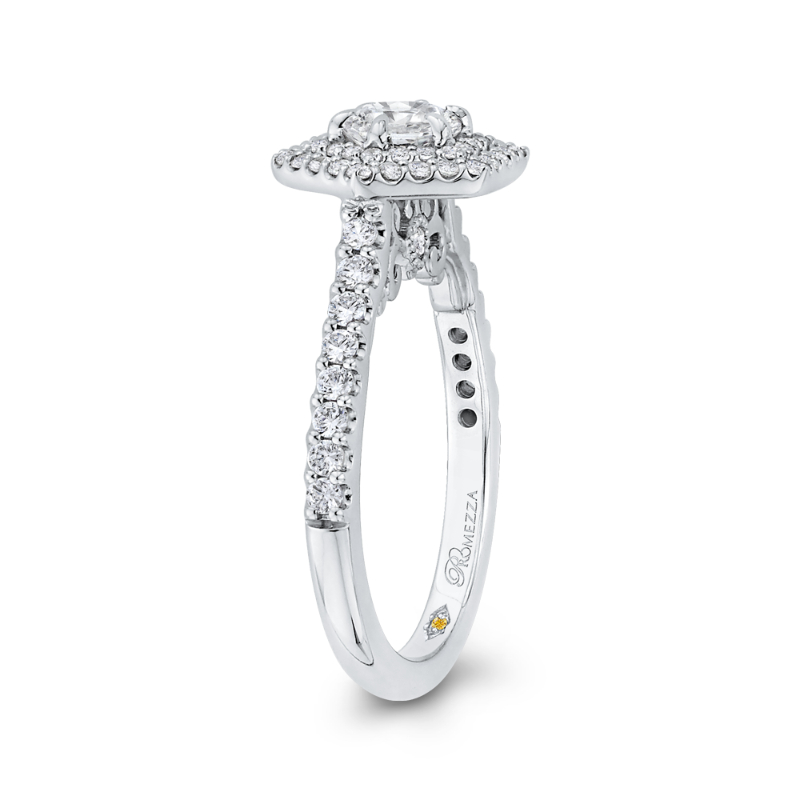Round Diamond Hexagon Shape Double Halo Engagement Ring in 14K White Gold