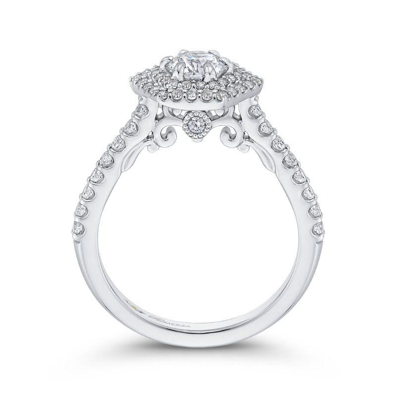 Round Diamond Hexagon Shape Double Halo Engagement Ring in 14K White Gold