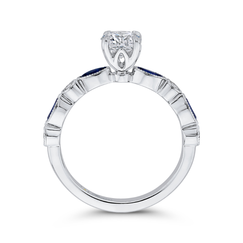 Round Diamond Engagement Ring with Pear Cut Sapphire in 14K White Gold