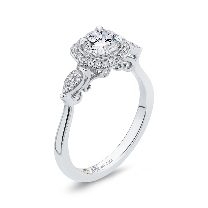 Round Diamond Floral Halo Engagement Ring in 14K White Gold
