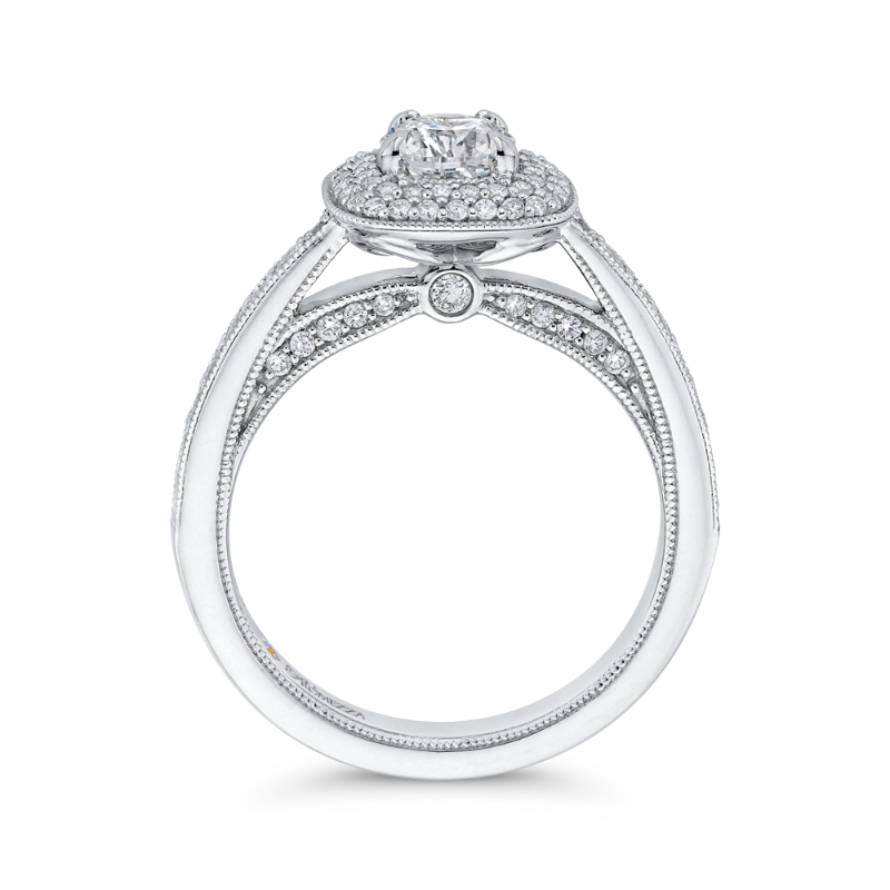 Round Diamond Double Halo Cathedral Style Engagement Ring in 14K White Gold