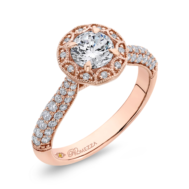 Round Halo Diamond Cathedral Style Engagement Ring in 14K Rose Gold