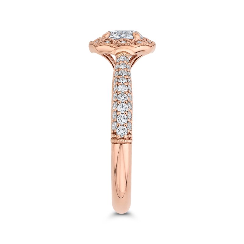 Round Halo Diamond Cathedral Style Engagement Ring in 14K Rose Gold