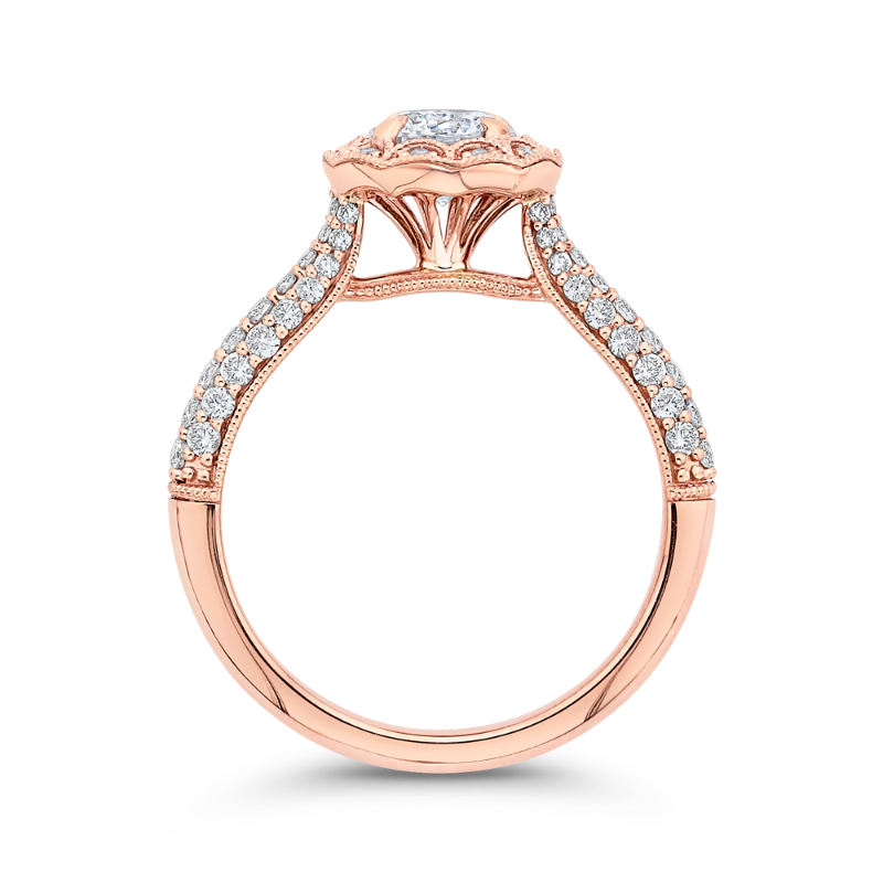 Round Halo Diamond Cathedral Style Engagement Ring in 14K Rose Gold