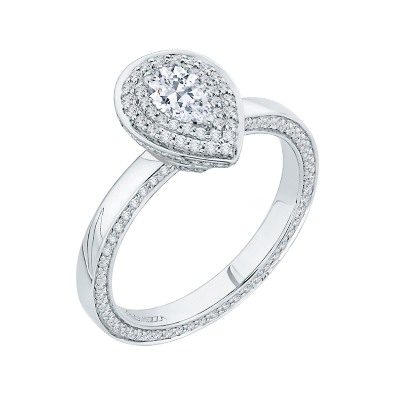 Pear Cut Diamond Double Halo Engagement Ring in 14K White Gold