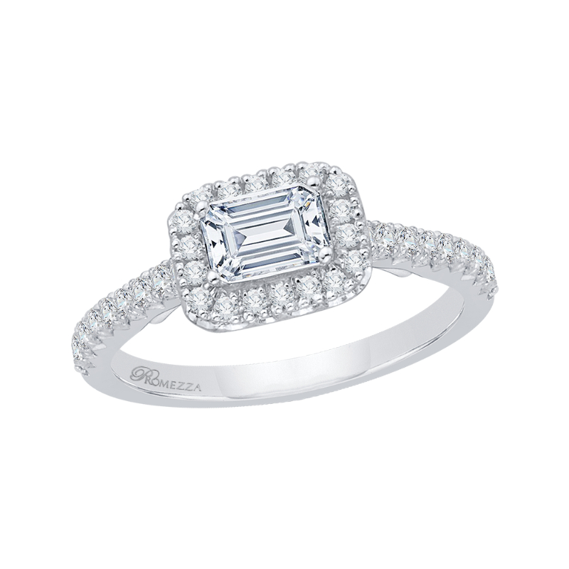 Emerald Cut Diamond Halo Engagement Ring in 14K White Gold