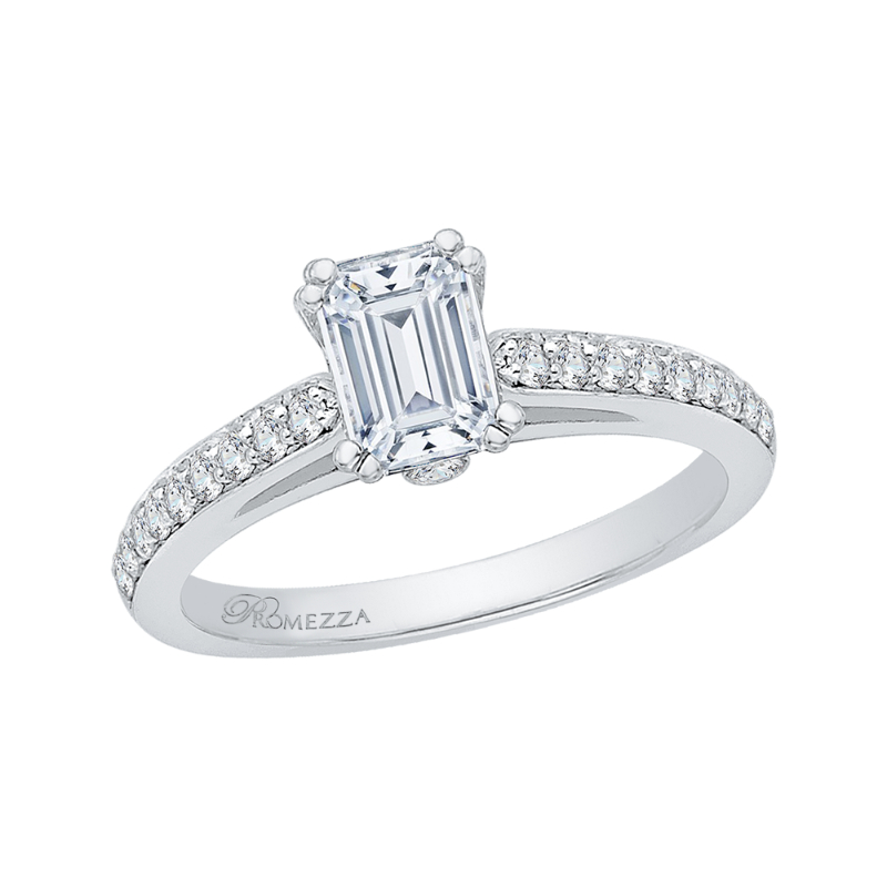 Emerald Cut Diamond Cathedral Style Engagement Ring in 14K White Gold