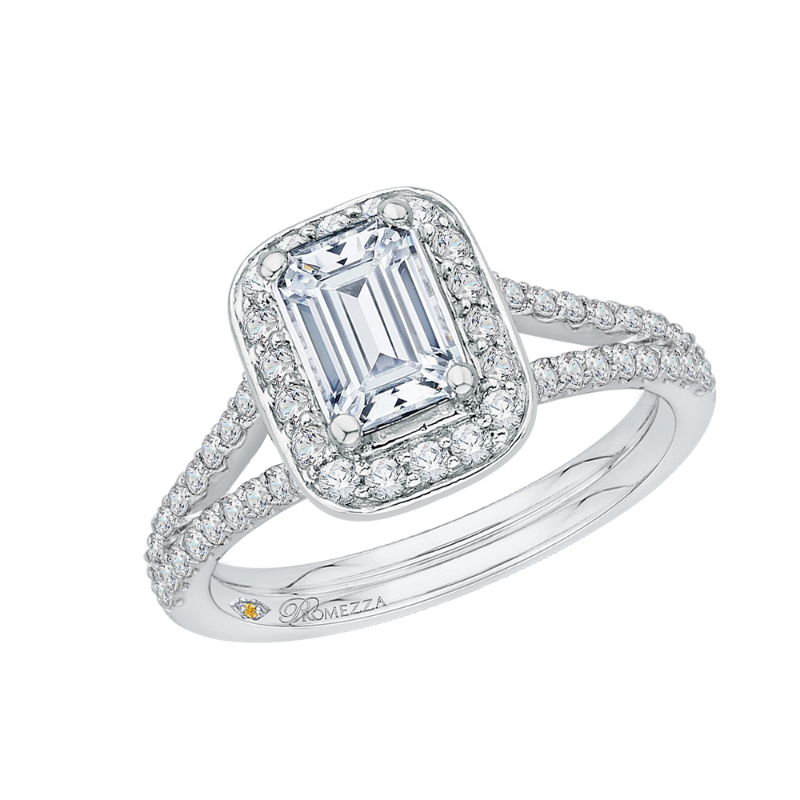 Split Shank Emerald Cut Diamond Halo Engagement Ring in 14K White Gold