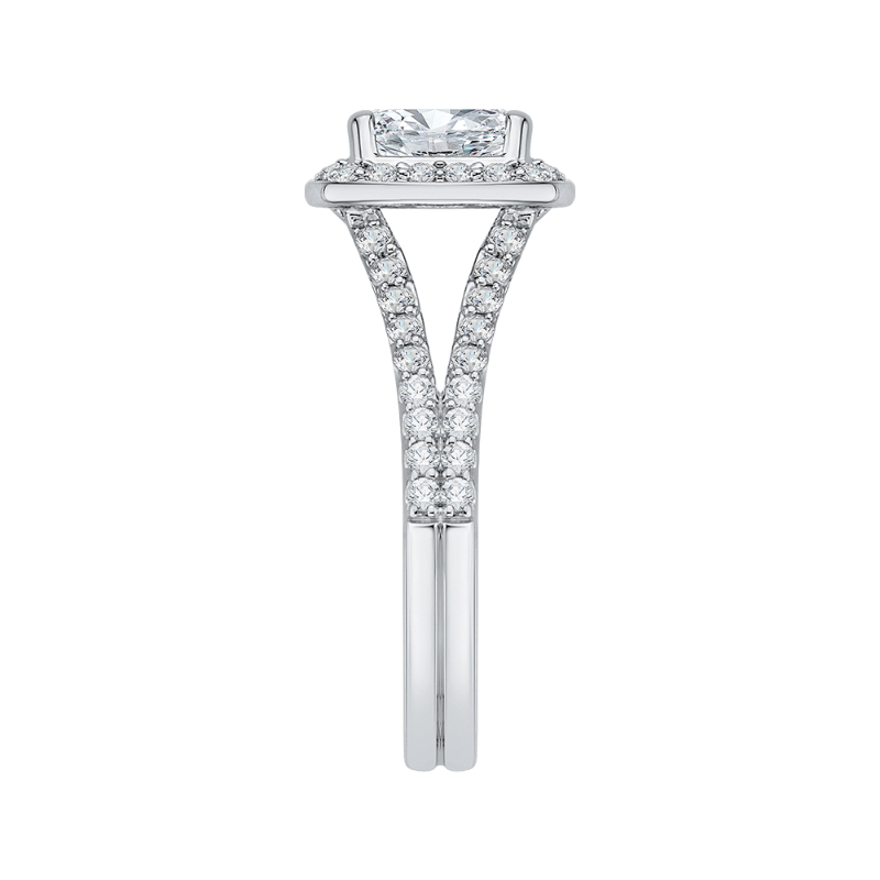 Split Shank Emerald Cut Diamond Halo Engagement Ring in 14K White Gold