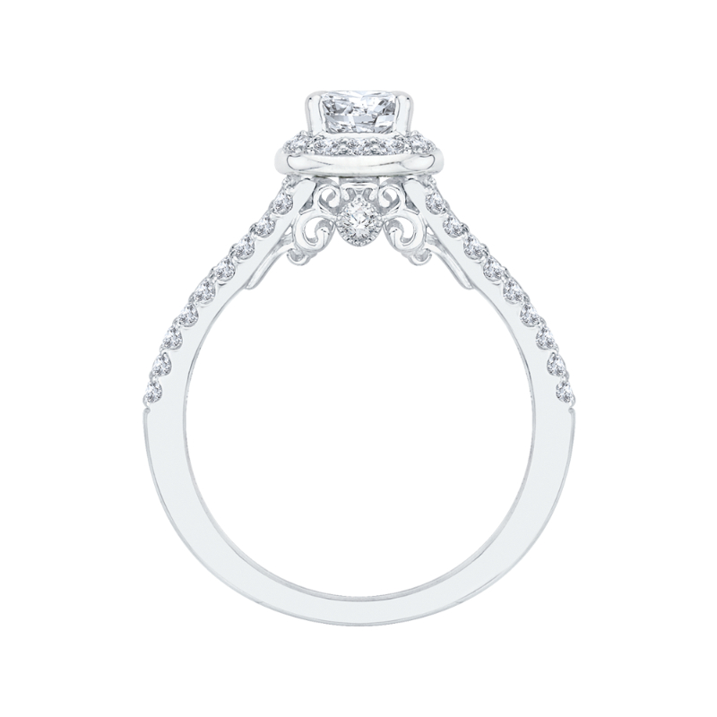 Split Shank Emerald Cut Diamond Halo Engagement Ring in 14K White Gold