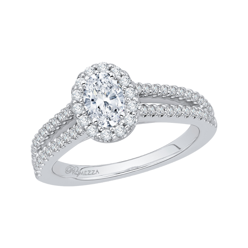 Split Shank Oval Cut Diamond Halo Engagement Ring in 14K White Gold