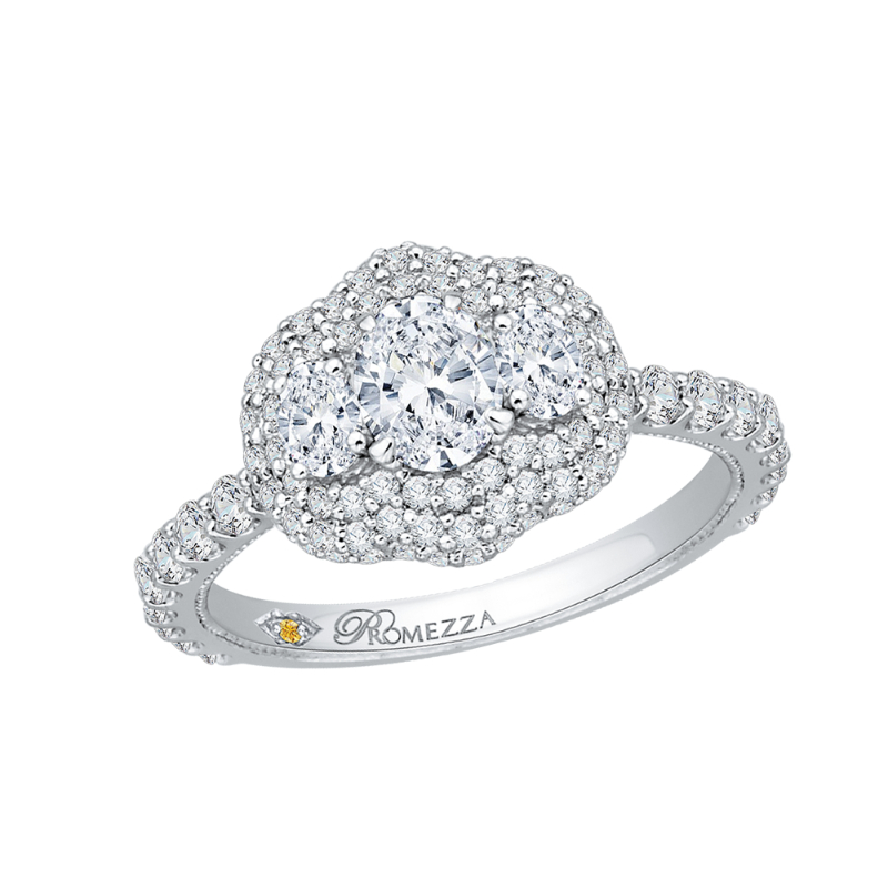 Oval Cut Diamond Three-Stone Halo Engagement Ring in 14K White Gold