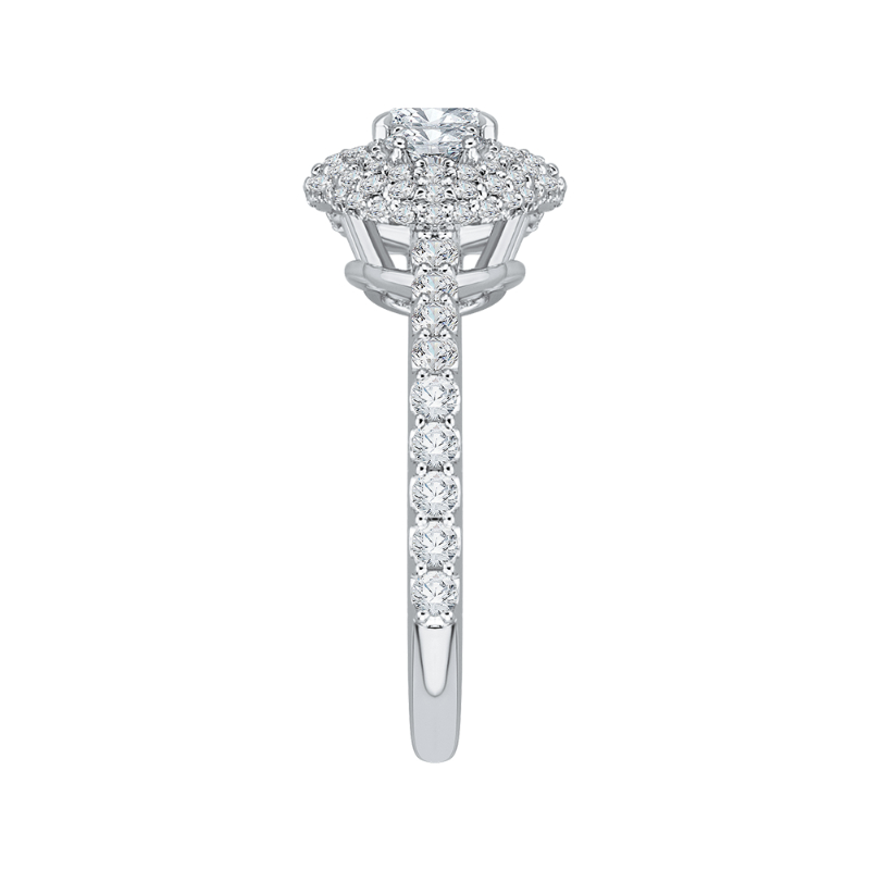 Oval Cut Diamond Three-Stone Halo Engagement Ring in 14K White Gold