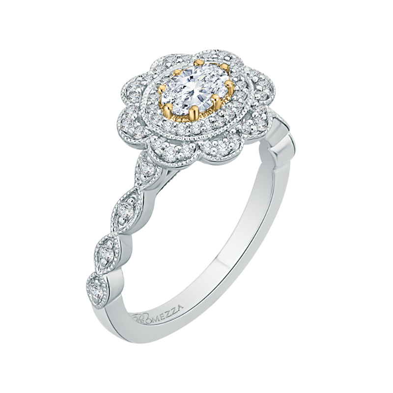 Oval Cut Diamond Floral Halo Engagement Ring in 14K Two Tone Gold