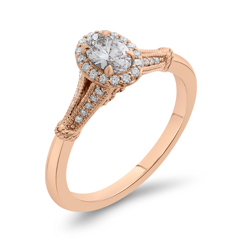 Split Shank Oval Cut Diamond Halo Cathedral Style Engagement Ring in 14K Rose Gold