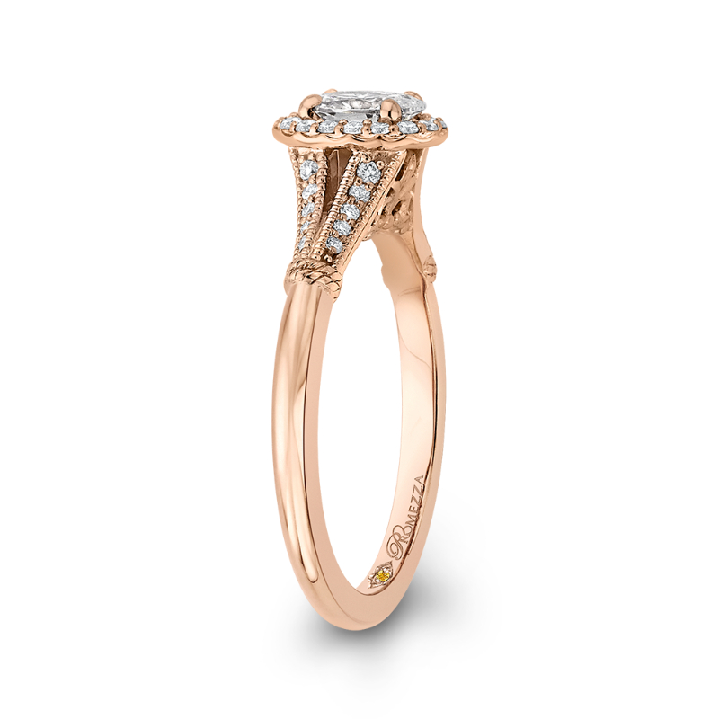Split Shank Oval Cut Diamond Halo Cathedral Style Engagement Ring in 14K Rose Gold