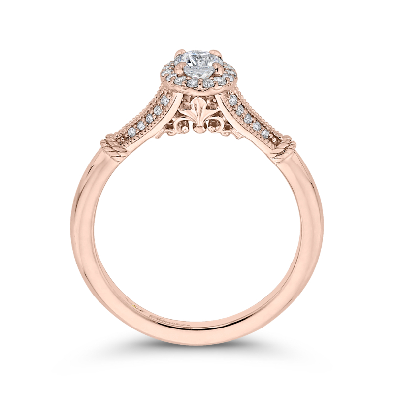 Split Shank Oval Cut Diamond Halo Cathedral Style Engagement Ring in 14K Rose Gold
