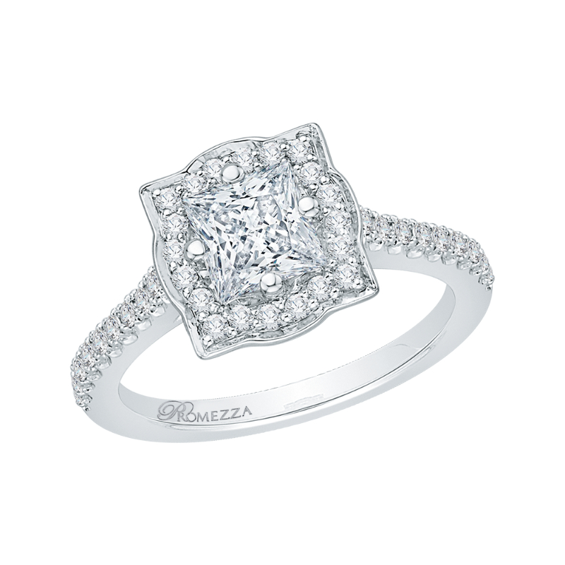 Princess Cut Diamond Halo Vintage Engagement Ring in 14K White Gold
