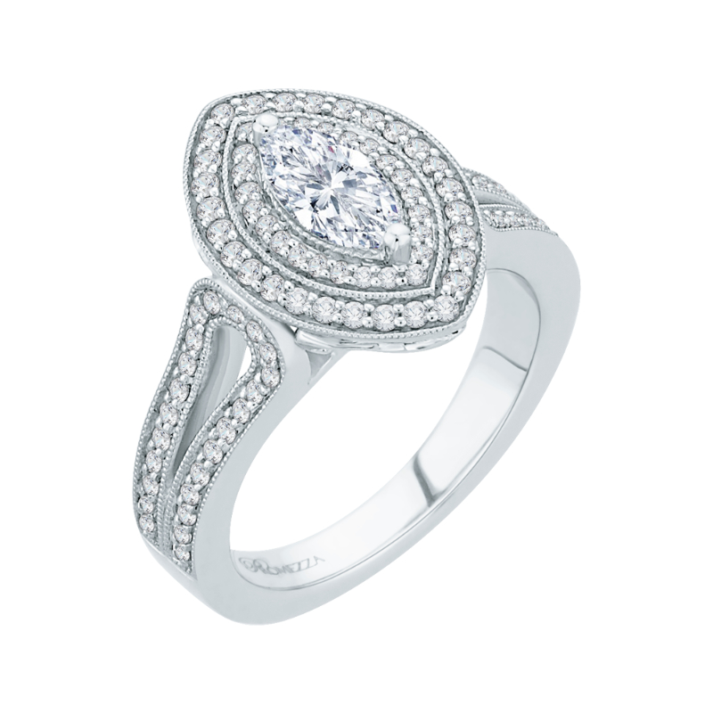 Split Shank Marquise Cut Diamond Double Halo Engagement Ring in 14K White Gold