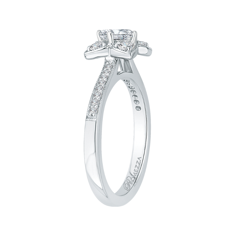 Cushion Cut Diamond Floral Engagement Ring in 14K White Gold