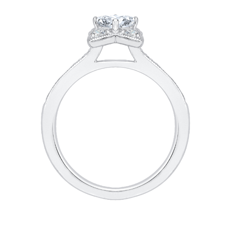 Cushion Cut Diamond Floral Engagement Ring in 14K White Gold