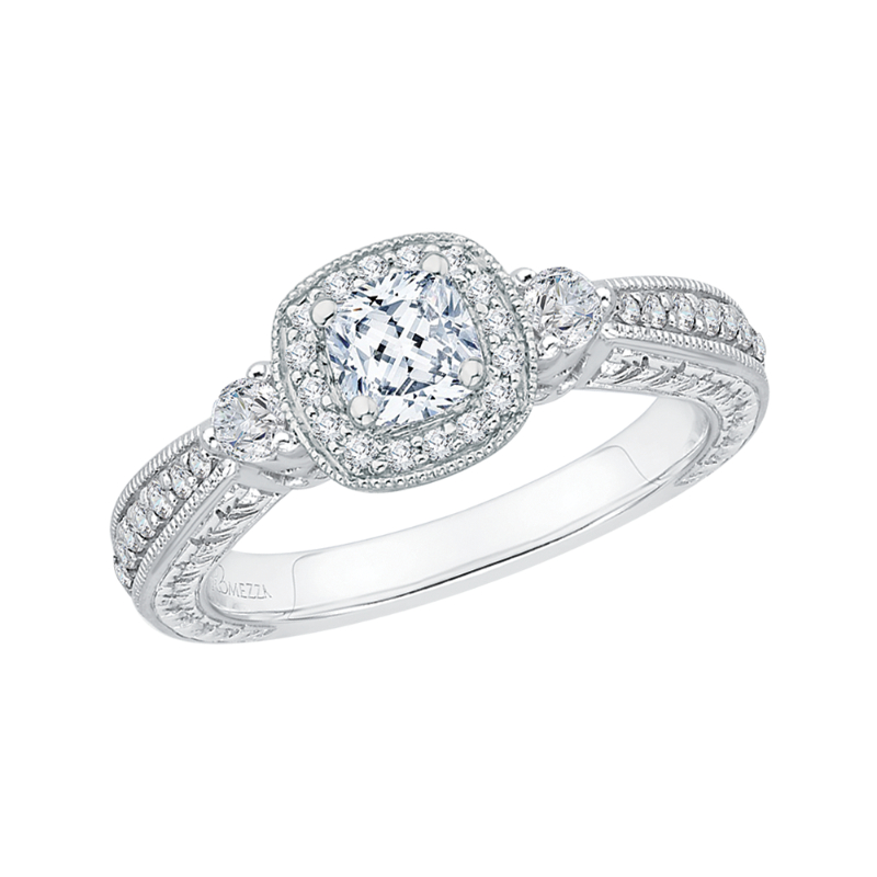 Cushion Cut Diamond Halo Engagement Ring in 14K White Gold