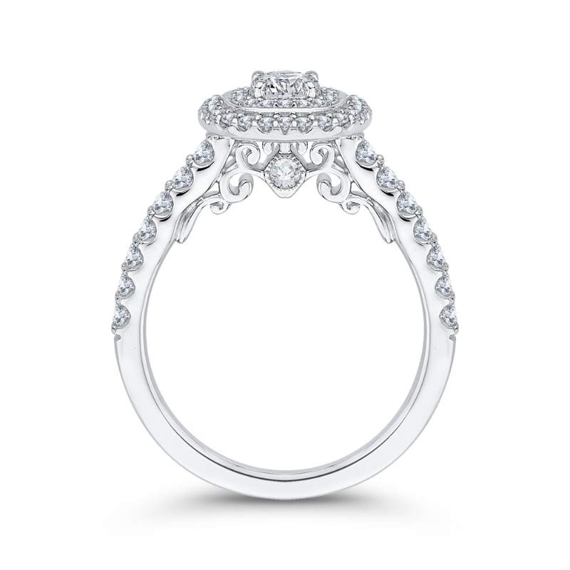 Cushion Cut Diamond Double Halo Engagement Ring in 14K White Gold