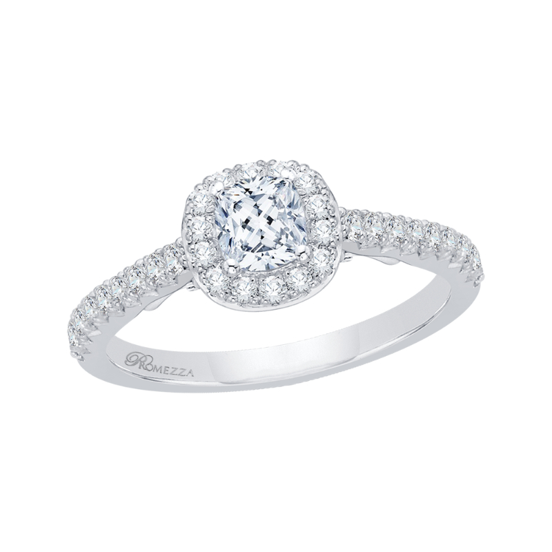 Cushion Cut Diamond Halo Engagement Ring in 14K White Gold