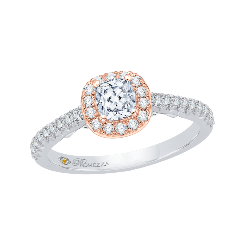 Cushion Cut Diamond Halo Engagement Ring in 14K Two Tone Gold