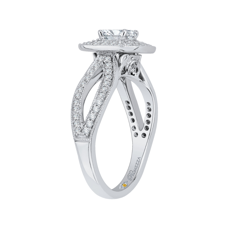 Split Shank Cushion Cut Diamond Double Halo Engagement Ring in 14K White Gold